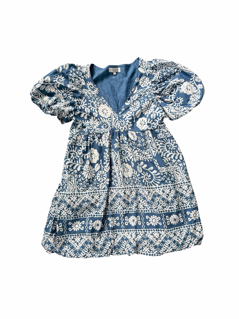 Caroline Constas Blue Floral Puff-Sleeve Mini Dress Large